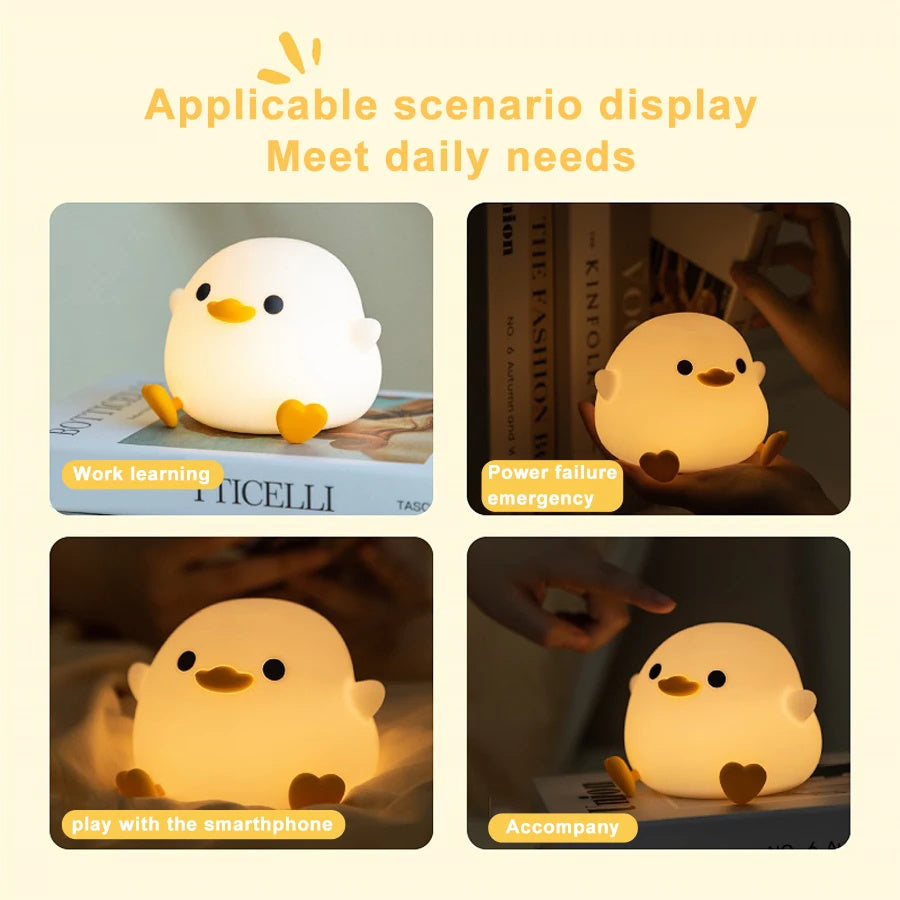 Squishy Sleep Companion: Doudou Duck Silicone Night Lamp with $\mathbf{20}$-Minute Timer & USB Charging.