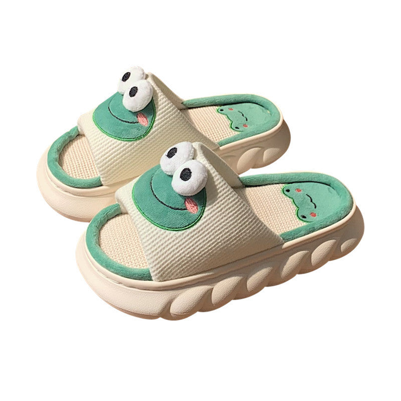 Simple Style: Women's Cartoon Cute Frog Linen Slippers with $\mathbf{4\text{cm}}$ Height.