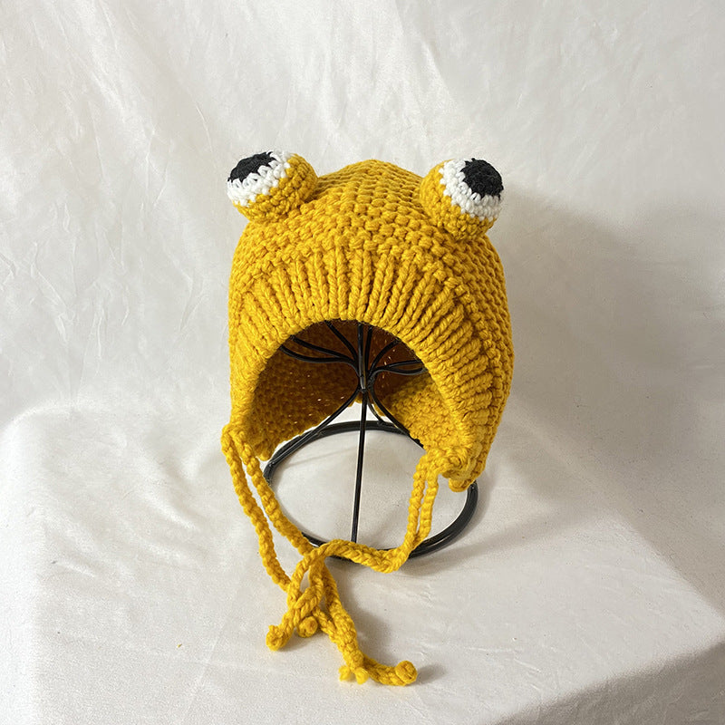 Cozy Protection: Cute Frog Big Eyes Knitted Wool Hat with Earflaps (Adjustable, $\mathbf{53-59\text{cm}}$).