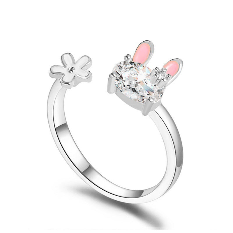 Beautiful Girl Heart Flower Ring, Cute Bunny Ring with Inlaid Gems (Women’s)
