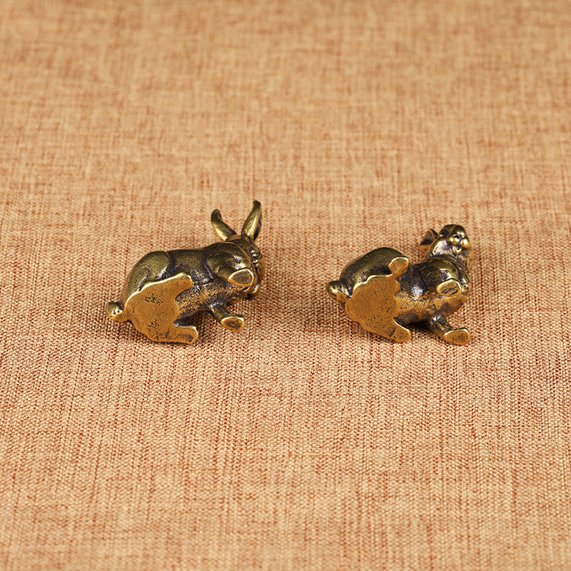 Pure Brass Zodiac Bunny, Solid Copper Tea Pet & Home Mini Ornament (Pair)