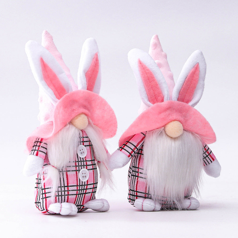 Pink-Eared Plaid Bunny Gnome Doll, Cute Spring Elf Ornament (Pink Couple Set Options)