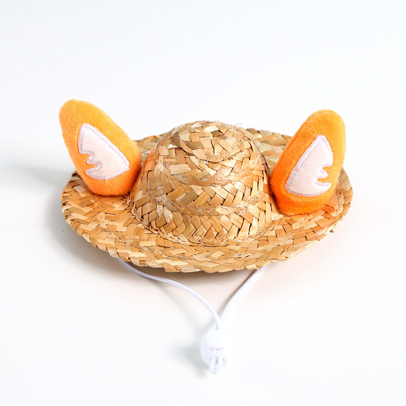 Summer Style: Cute Pet Sunscreen Straw Hat with Frog or Antler Ears (General Purpose).