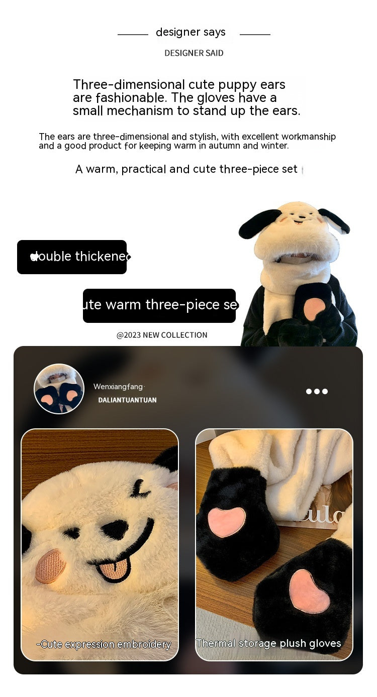 Cute Dog Winter Fleece Hat with Integrated Scarf & Gloves, Thickened Warm Cartoon Pet Accessory