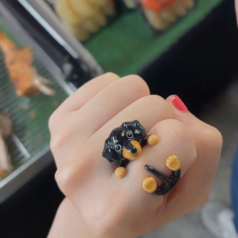 Cartoon Sausage Dog Unique Ring, Funny & Cute Adjustable Alloy Ring for Women and Couples