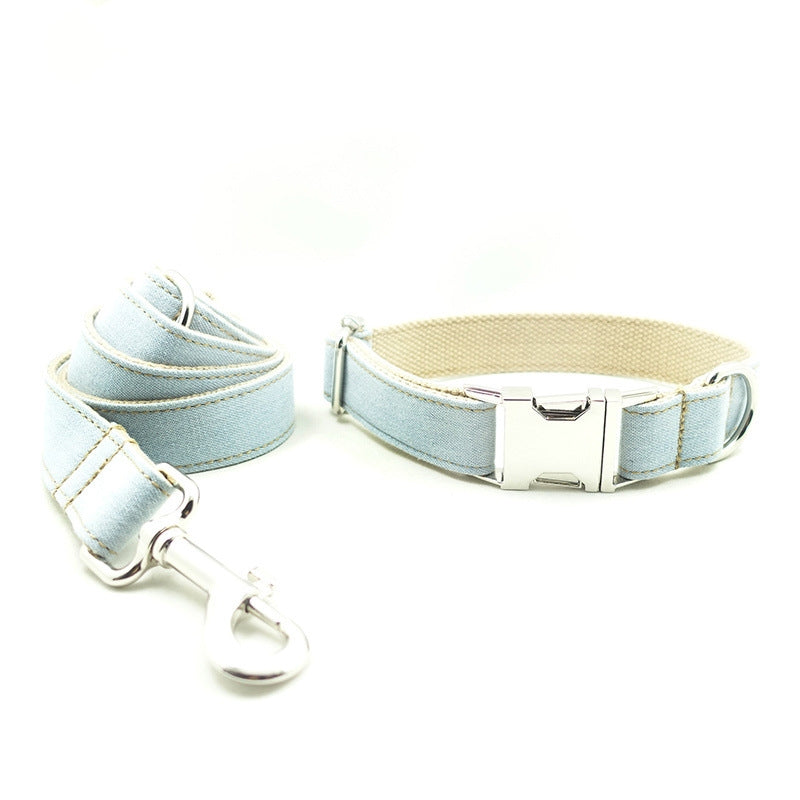 Light Blue Pet Dog Collar with Denim-Style Leash, Adjustable Polyester Set (XS–XL)