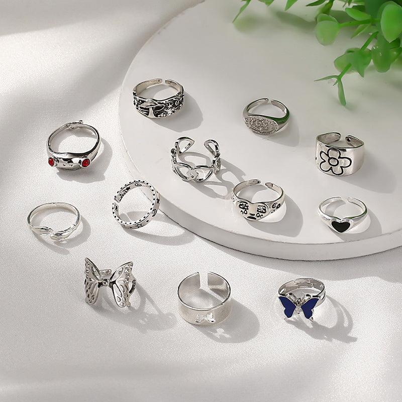 Dazzling Variety: $\mathbf{12}$-Piece Gemstone Butterfly and Frog Animal Ring Set (Silver Alloy).