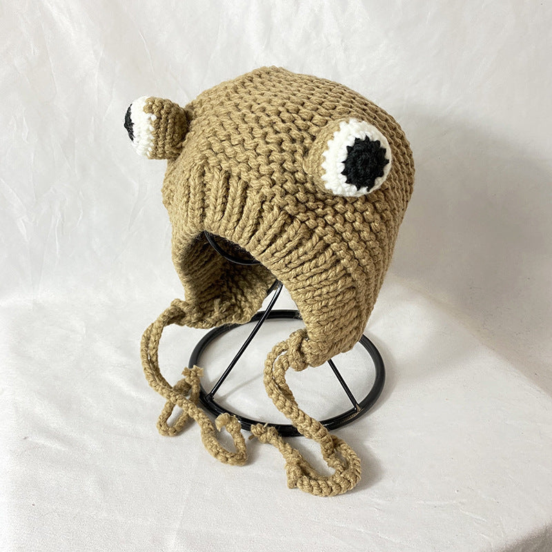 Cozy Protection: Cute Frog Big Eyes Knitted Wool Hat with Earflaps (Adjustable, $\mathbf{53-59\text{cm}}$).