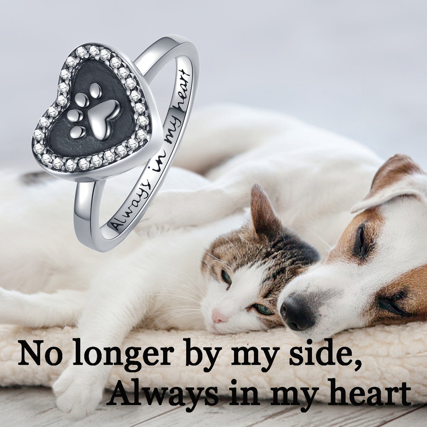 S925 Sterling Silver Heart Urn Cremation Ring, Dog & Cat Paw Keepsake Memorial Jewelry