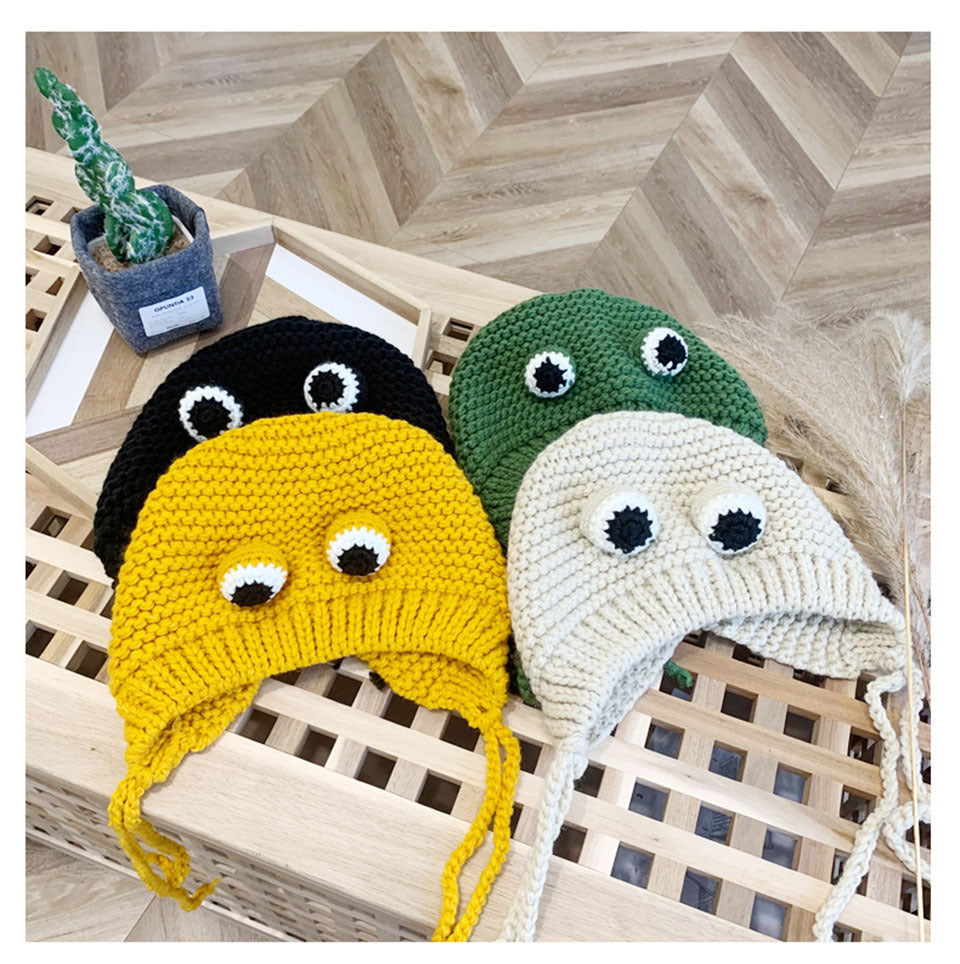 Cozy Protection: Cute Frog Big Eyes Knitted Wool Hat with Earflaps (Adjustable, $\mathbf{53-59\text{cm}}$).