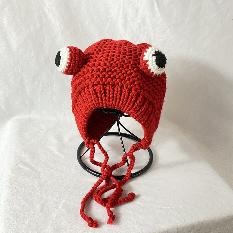 Cozy Protection: Cute Frog Big Eyes Knitted Wool Hat with Earflaps (Adjustable, $\mathbf{53-59\text{cm}}$).