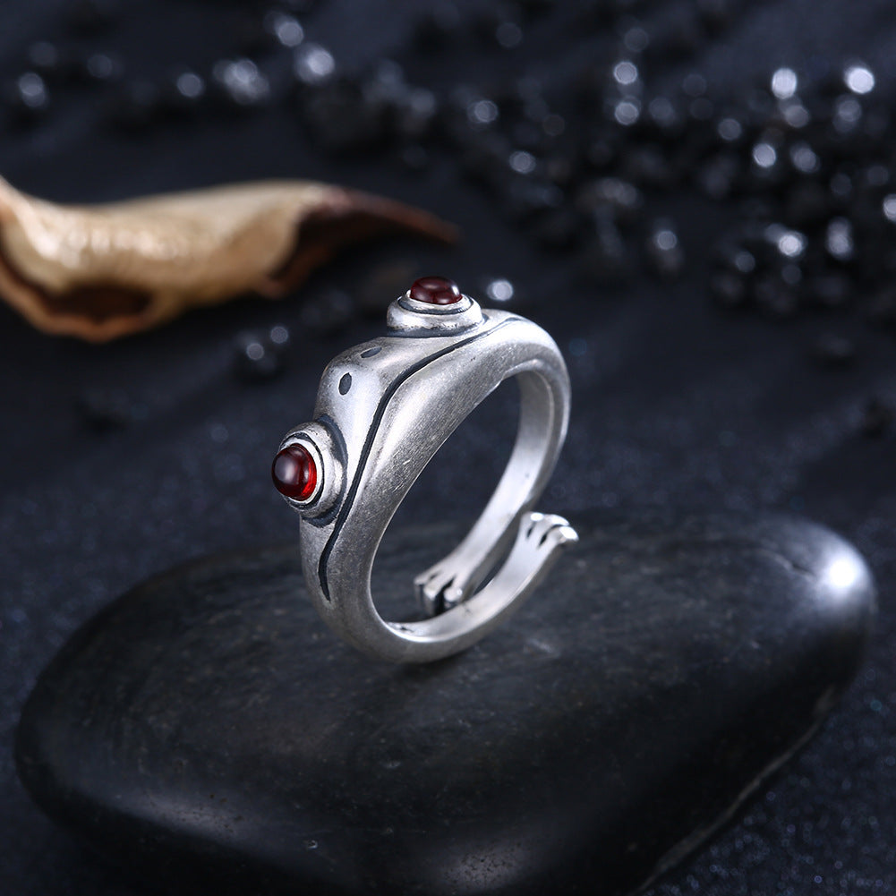 Timeless Charm: Trendy Retro Frog $\mathbf{925}$ Sterling Silver Adjustable Ring ($\mathbf{4.7\text{g}}$).