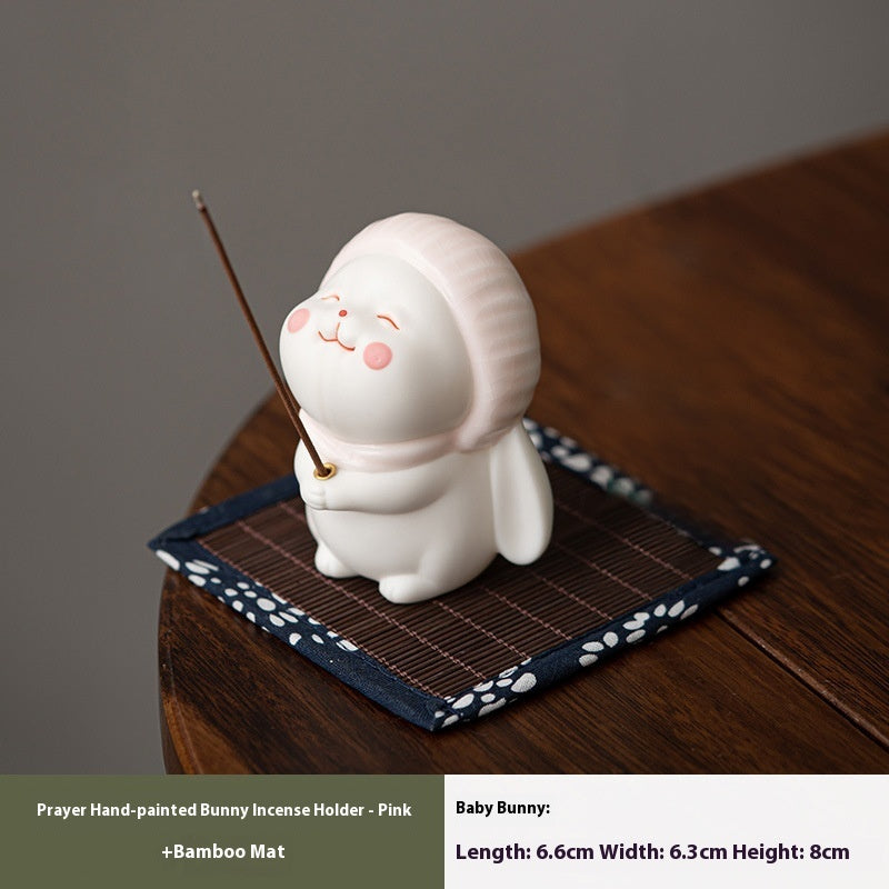 Ceramic Bunny Incense Base, Hand-Painted Desktop Ornament & Incense Holder