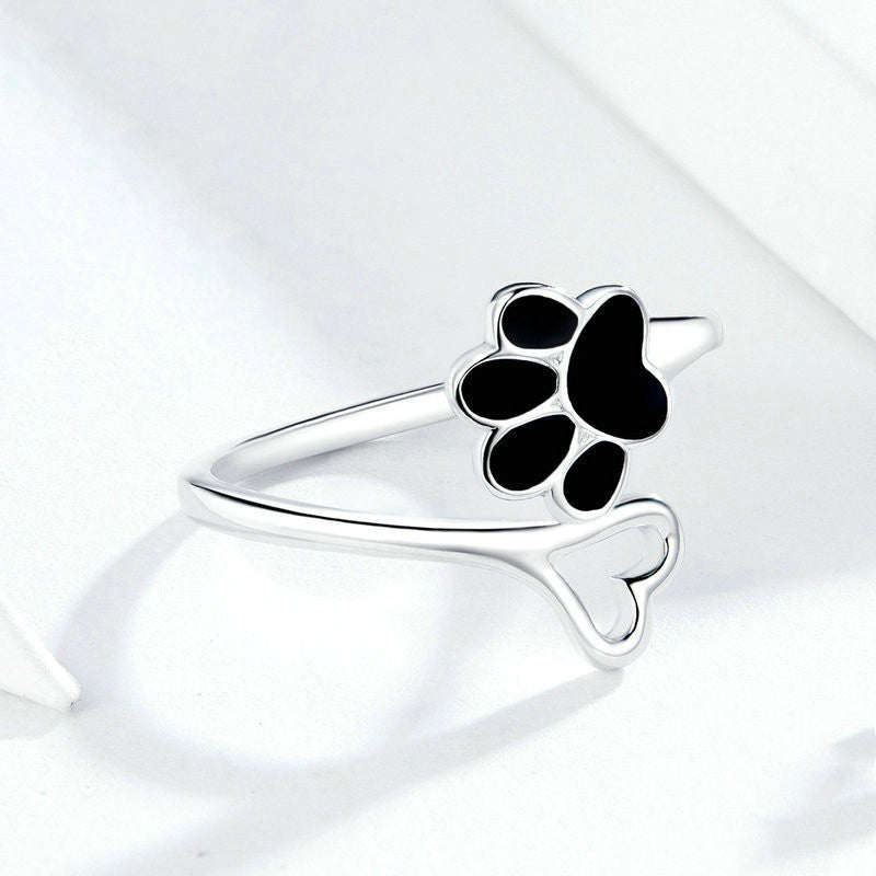 Cute Dog Paw Print S925 Sterling Silver Ring, Platinum-Plated Pet Lover Jewelry