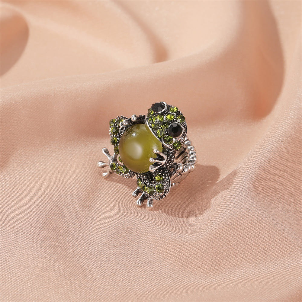 European Charm: Opal Cute Frog Alloy Jewelry Set (Ring, Earrings & Necklace).