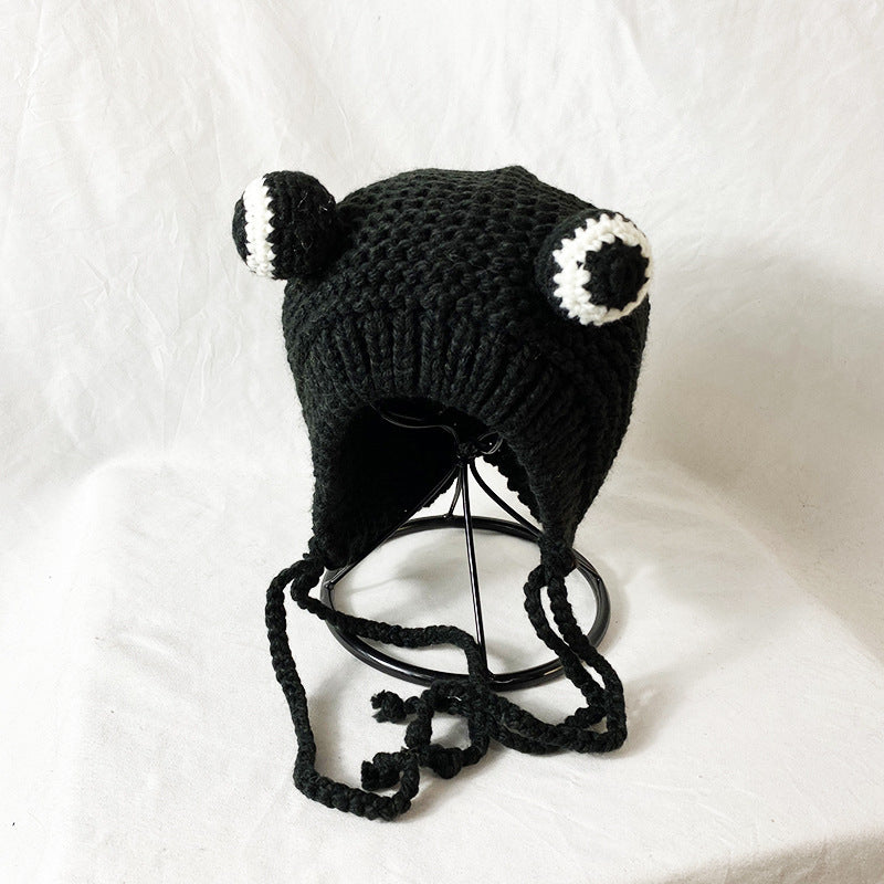 Cozy Protection: Cute Frog Big Eyes Knitted Wool Hat with Earflaps (Adjustable, $\mathbf{53-59\text{cm}}$).