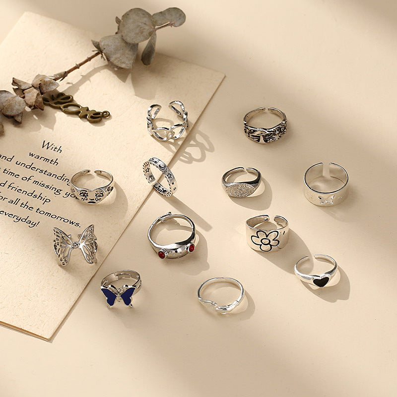 Dazzling Variety: $\mathbf{12}$-Piece Gemstone Butterfly and Frog Animal Ring Set (Silver Alloy).