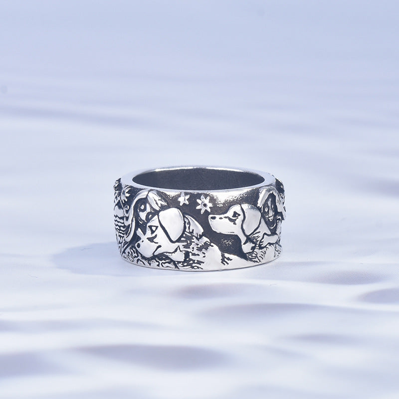 Dog and Girl Carved Ring, European & American Style Copper Electroplated Animal Jewelry