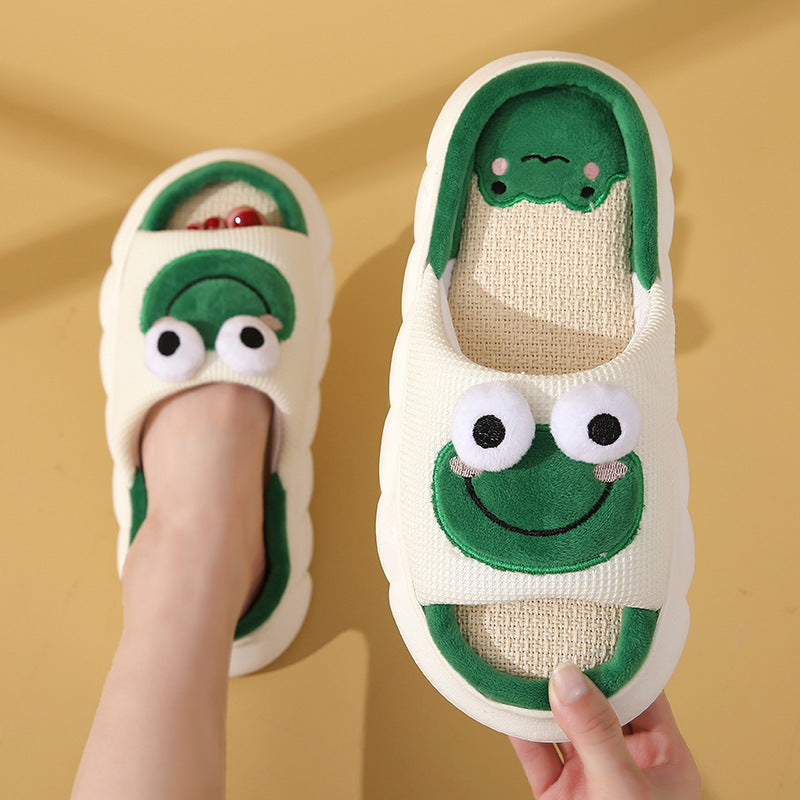 Farm Fun & Comfort: Cute Cartoon Cow and Frog Linen Non-slip Indoor Garden Slippers.