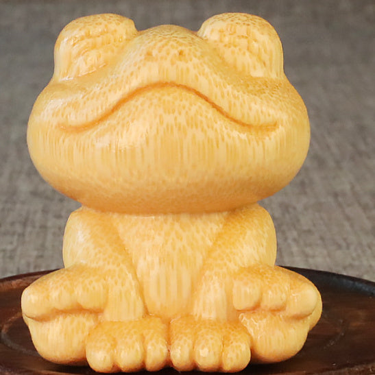 Smiling Frog Solid Bamboo Carving Ornament – Cute Cartoon Wooden Craft Décor