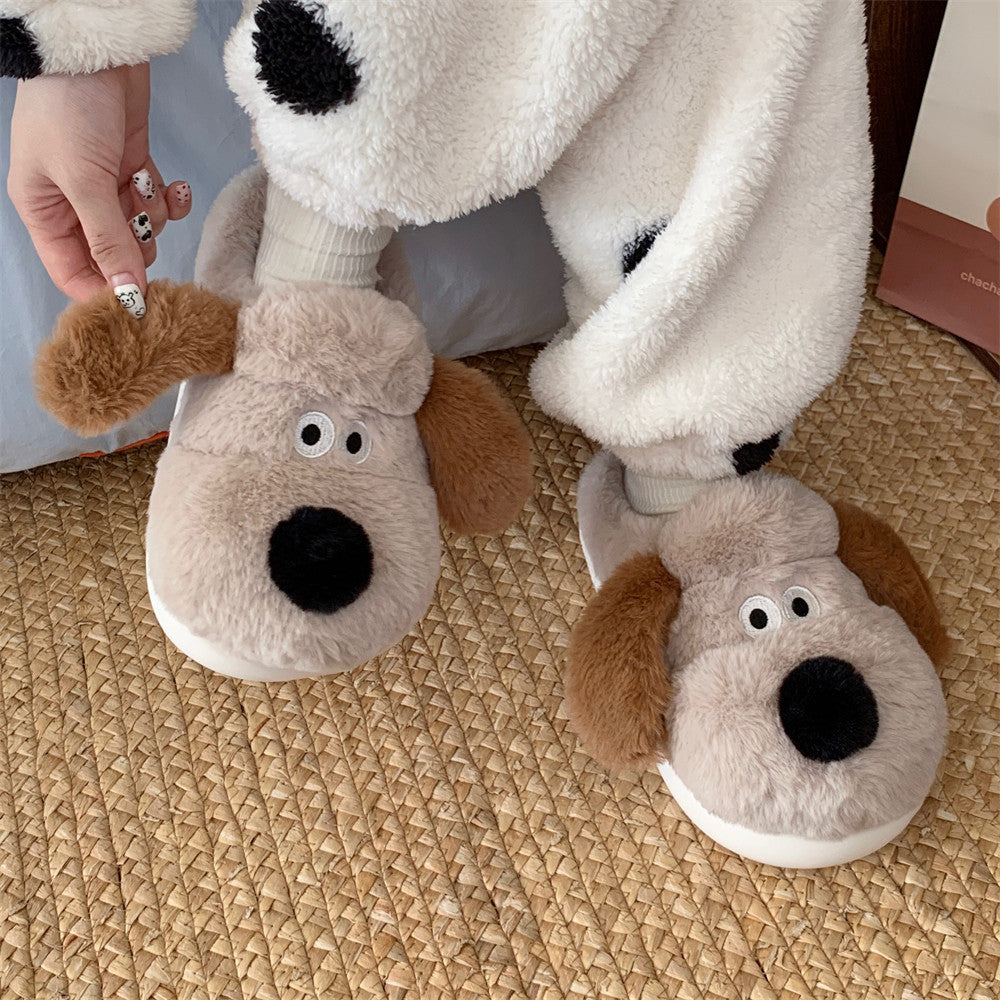 Dog Plush Toe Cap Cotton Slippers for Women, Cute Non-Slip Indoor Winter Home Shoes