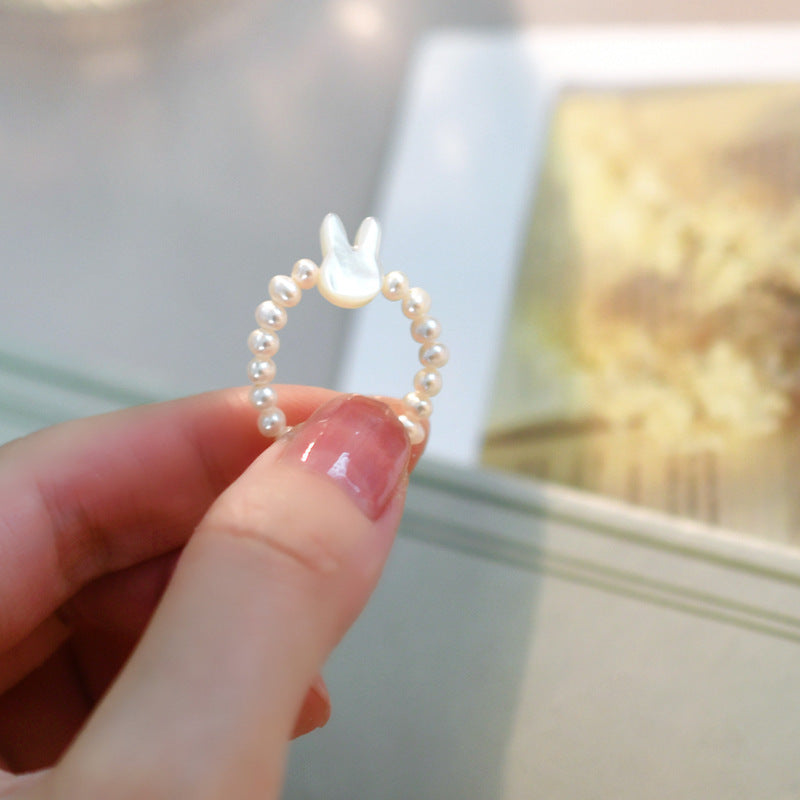 Natural White Lip Shell Bunny Pearl Ring, Simple Women’s Ring (Multiple Sizes)