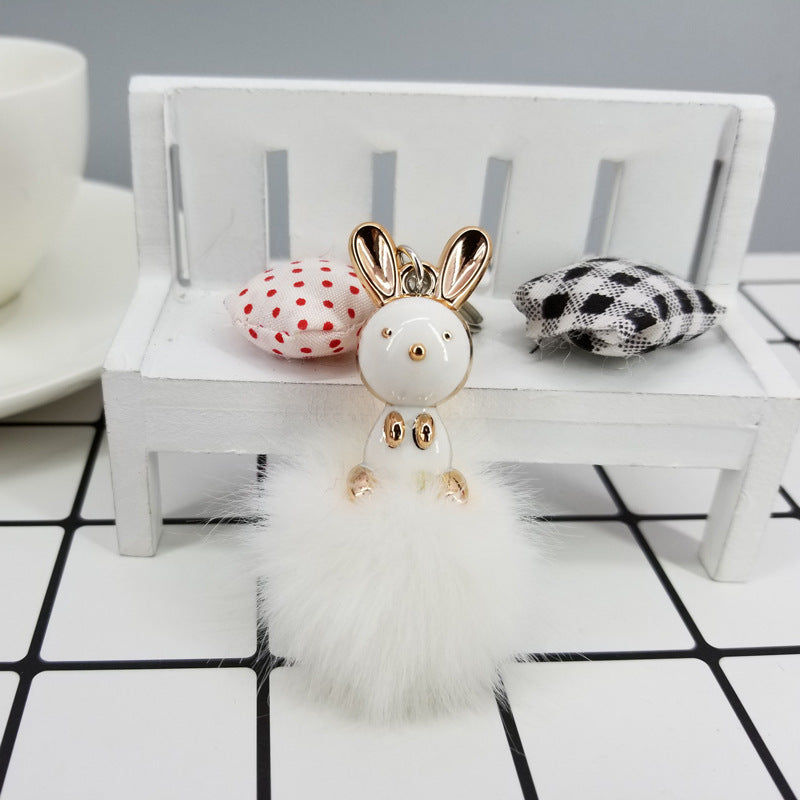 Sitting Long-Ear Bunny Hairy Ball Keychain, Faux Rabbit/Fox Fur Acrylic Pendant