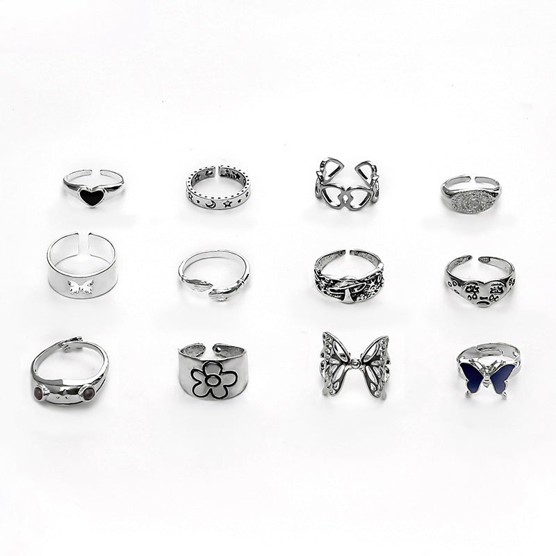 Dazzling Variety: $\mathbf{12}$-Piece Gemstone Butterfly and Frog Animal Ring Set (Silver Alloy).
