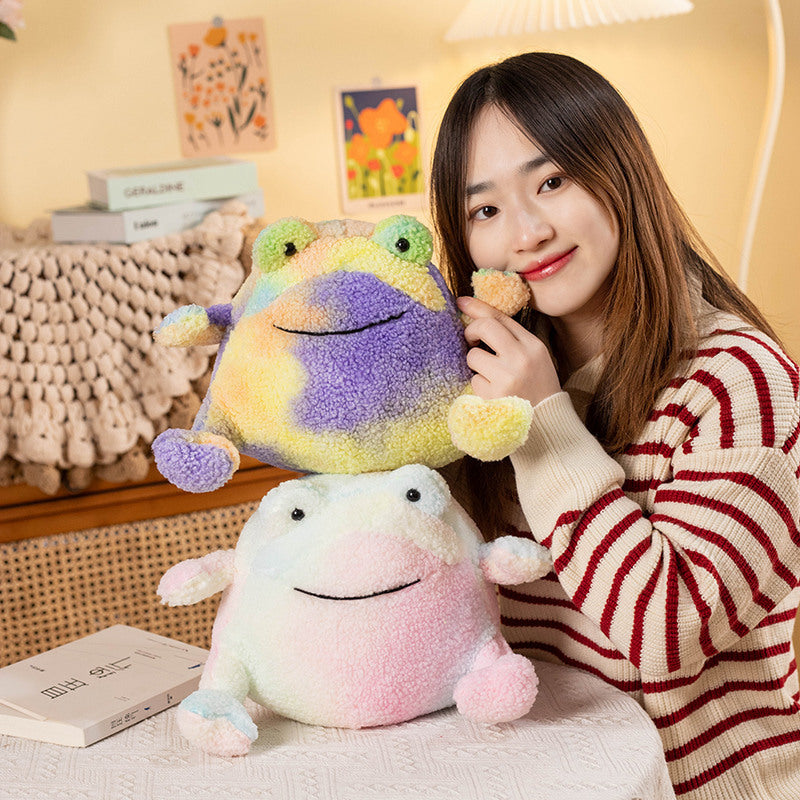 Vibrant Hug: Cute Colorful Tie-Dye Frog Doll Pillow Plush Toy (Multi-Function).