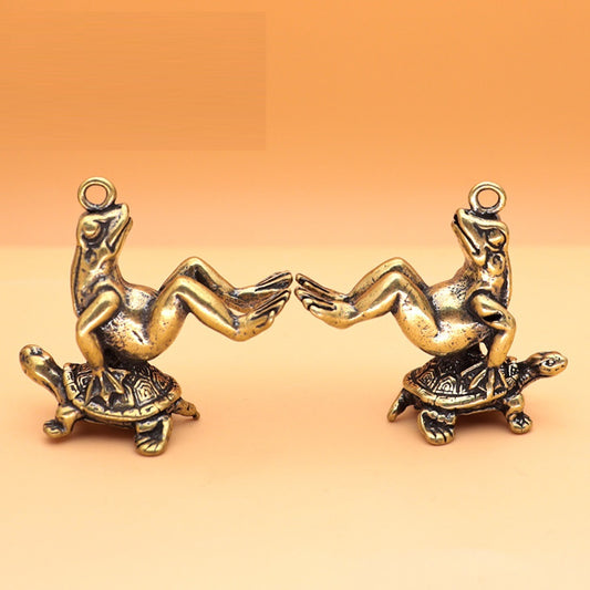 Double Luck: Retro Brass Turtle & Frog Pendant Keychain Ornament.