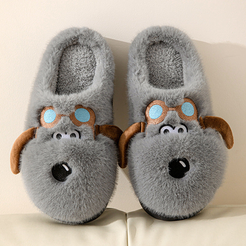 Cute Cartoon Dog Plush Slippers, Winter Couple Indoor Warm Non-slip Home Shoes
