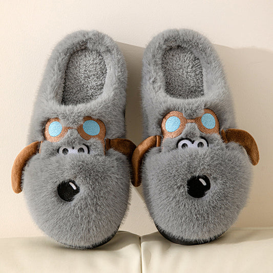 Cute Cartoon Dog Plush Slippers, Winter Couple Indoor Warm Non-slip Home Shoes