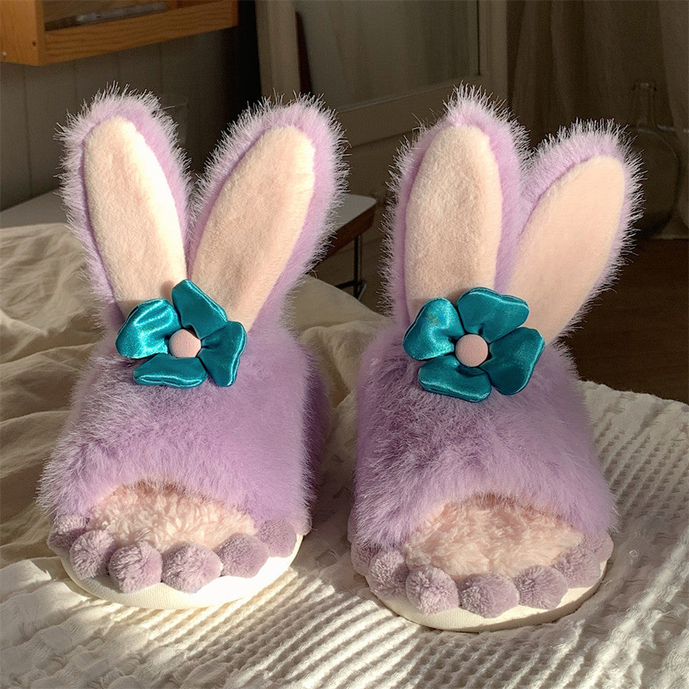 Cute Purple Bunny Plush Slippers, Non-Slip Soft Bottom Indoor Footwear
