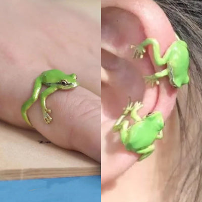 Adjustable Whimsy: Tree Frog Ear Clip and Ring Set for Women (Electroplated Alloy).