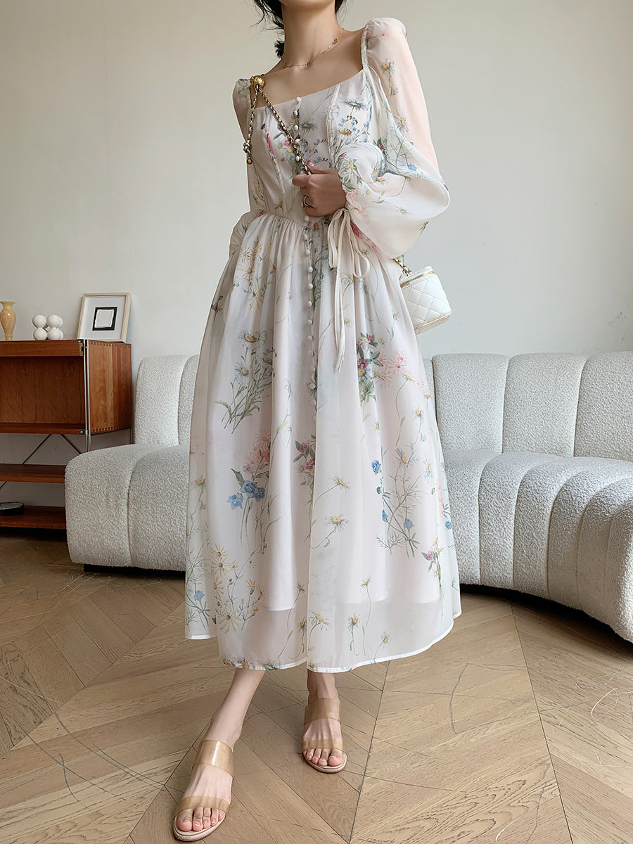 “Flower Rain in the Forest” Organza Long-Sleeve Dress