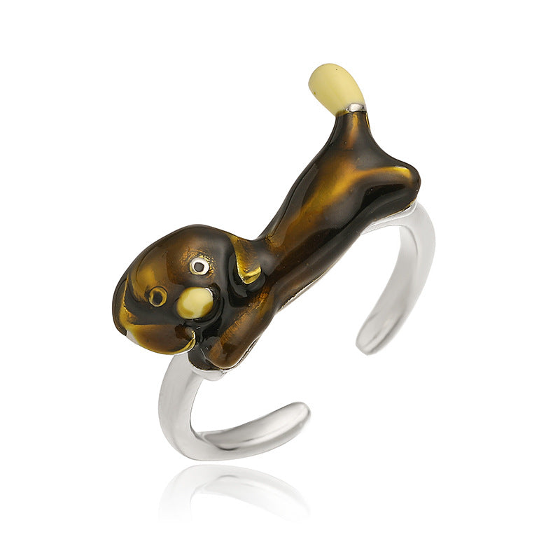 European & American Colorful Drip-Oil Sausage Dog Ring, INS Style Open Copper Ring for Women