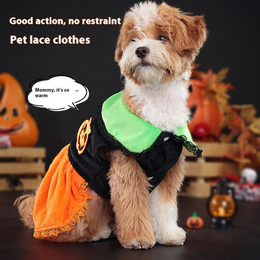 Halloween Pumpkin Pet Costume, Crystal Velvet Pumpkin Dress & Sweater for Dogs & Cats (S–2XL)