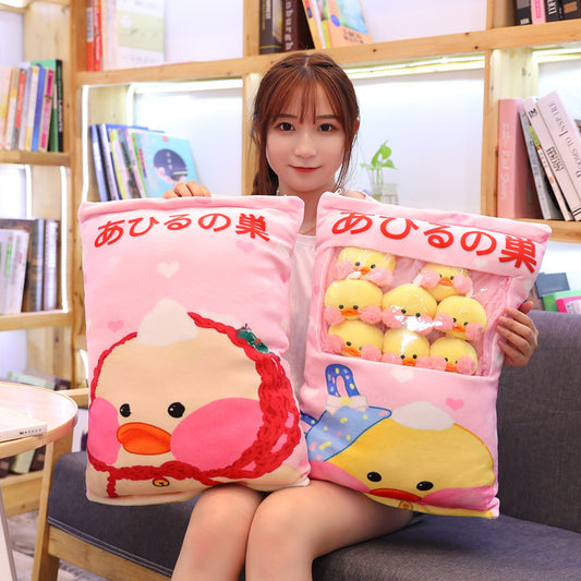 Kawaii LaLafanfan Café Duck Plush Pillow – 8pcs Ducklings Snack Bag Cushion Set