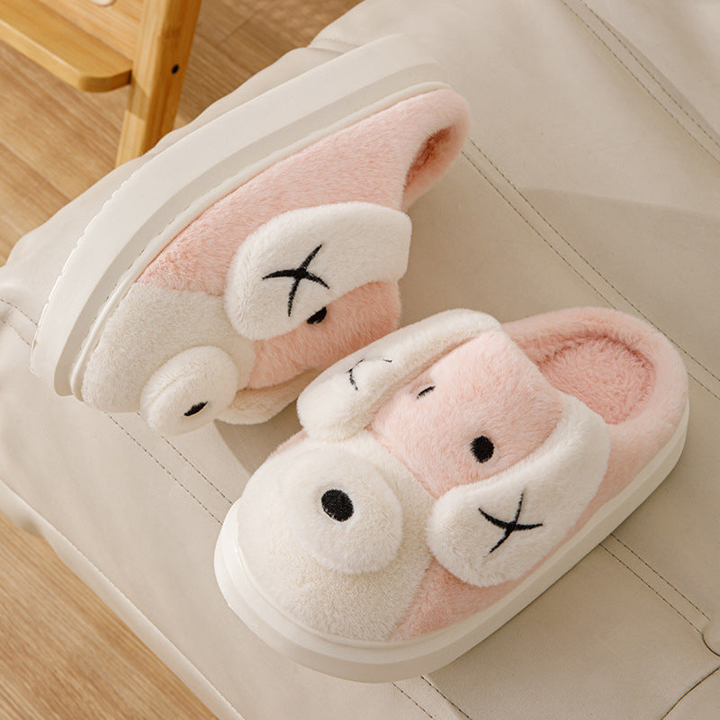 Cute Cartoon Dog Plush Slippers, Winter Warm Non-slip Indoor Thick Bottom House Shoes
