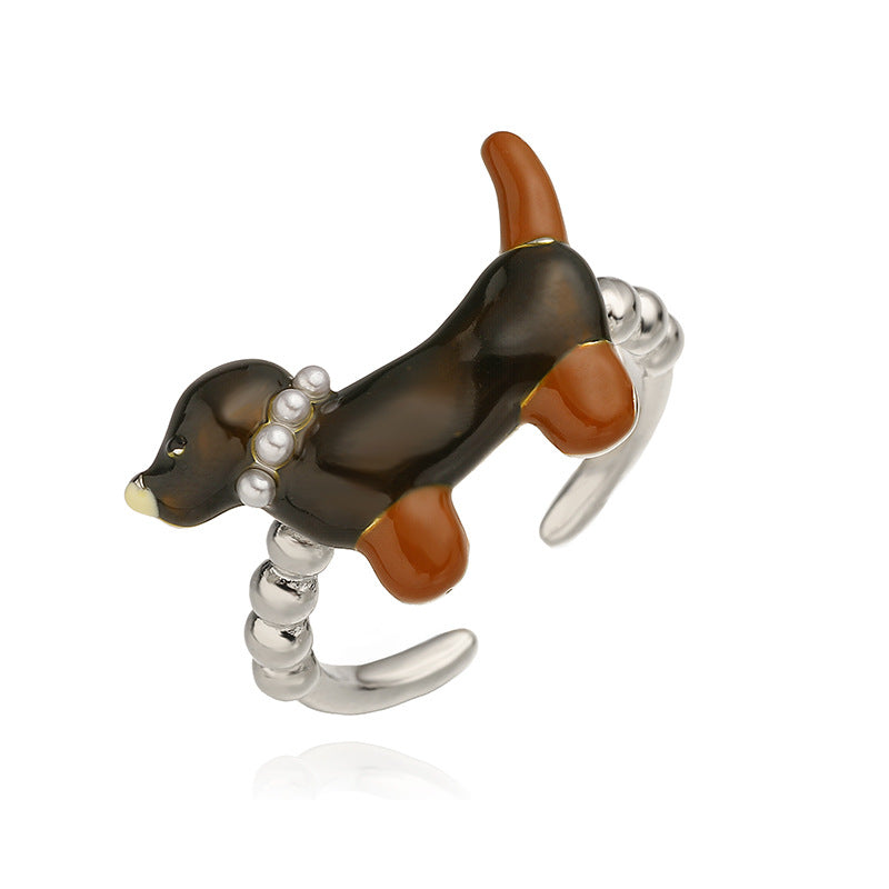 European & American Colorful Drip-Oil Sausage Dog Ring, INS Style Open Copper Ring for Women