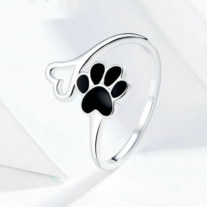 Cute Dog Paw Print S925 Sterling Silver Ring, Platinum-Plated Pet Lover Jewelry