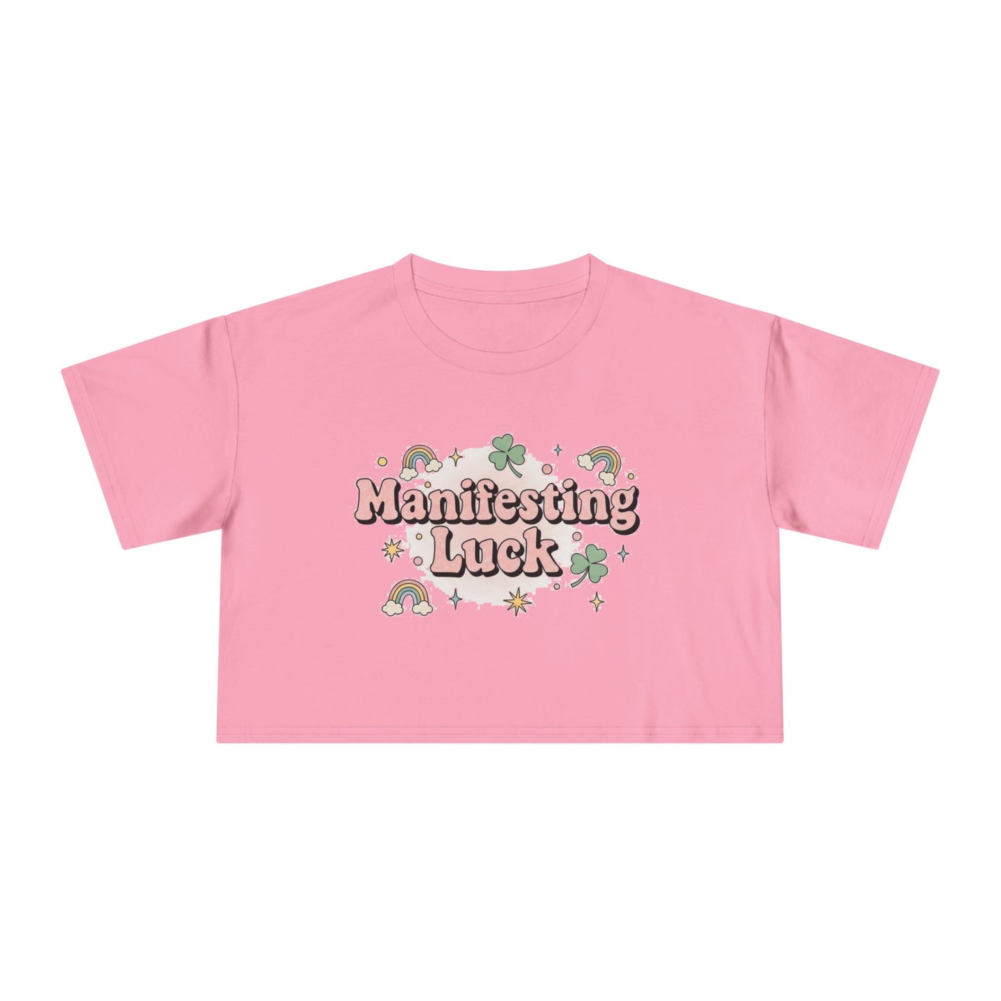 Manifesting Luck Crop Tee - Cute St. Patrick’s Day Clover & Rainbow Women's Top