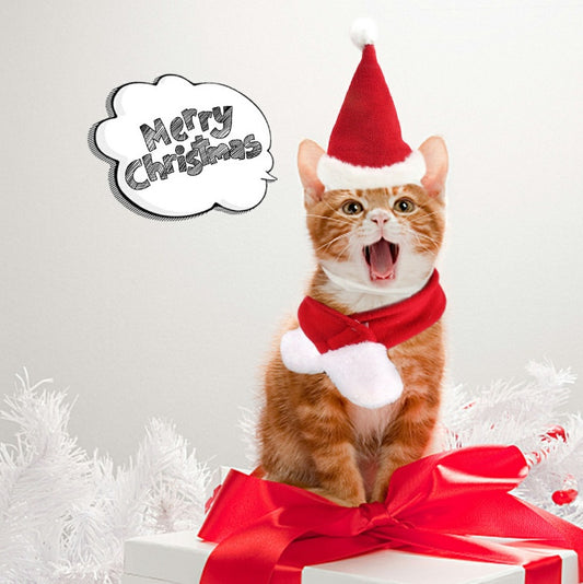 Christmas Hat & Scarf Set for Pets, Red Short-Plush Holiday Outfit for Cats & Small Dogs