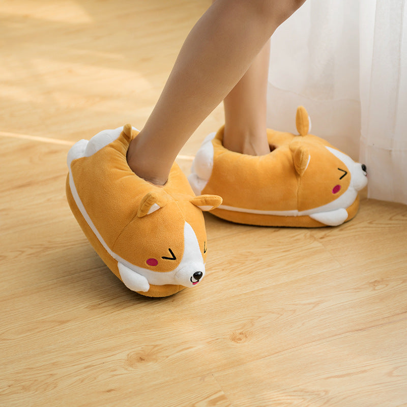 Cartoon Koi Dog Slippers, Crystal Super Soft Plush Corgi Cotton Shoes