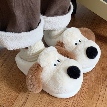Dog Plush Toe Cap Cotton Slippers for Women, Cute Non-Slip Indoor Winter Home Shoes