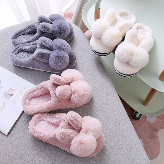 Bunny Fluffy Slippers, Winter Soft Rabbit Fur Indoor Footwear for Women