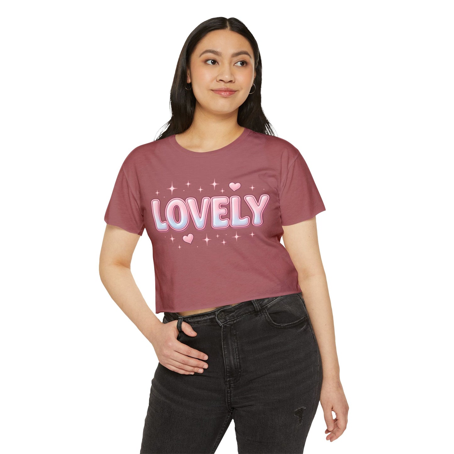 Lovely Crop Top | Cute Pink 'LOVELY' Graphic Festival Tee for Women