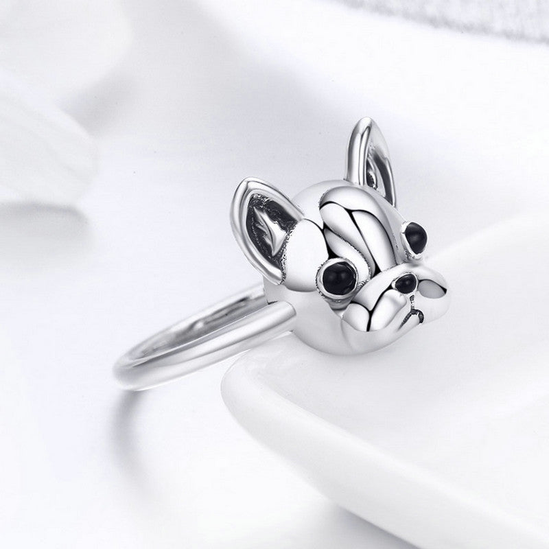 S925 Sterling Silver “Loyal Partner” French Dog Ring, Fashion Animal Jewelry for Women (SCR261)