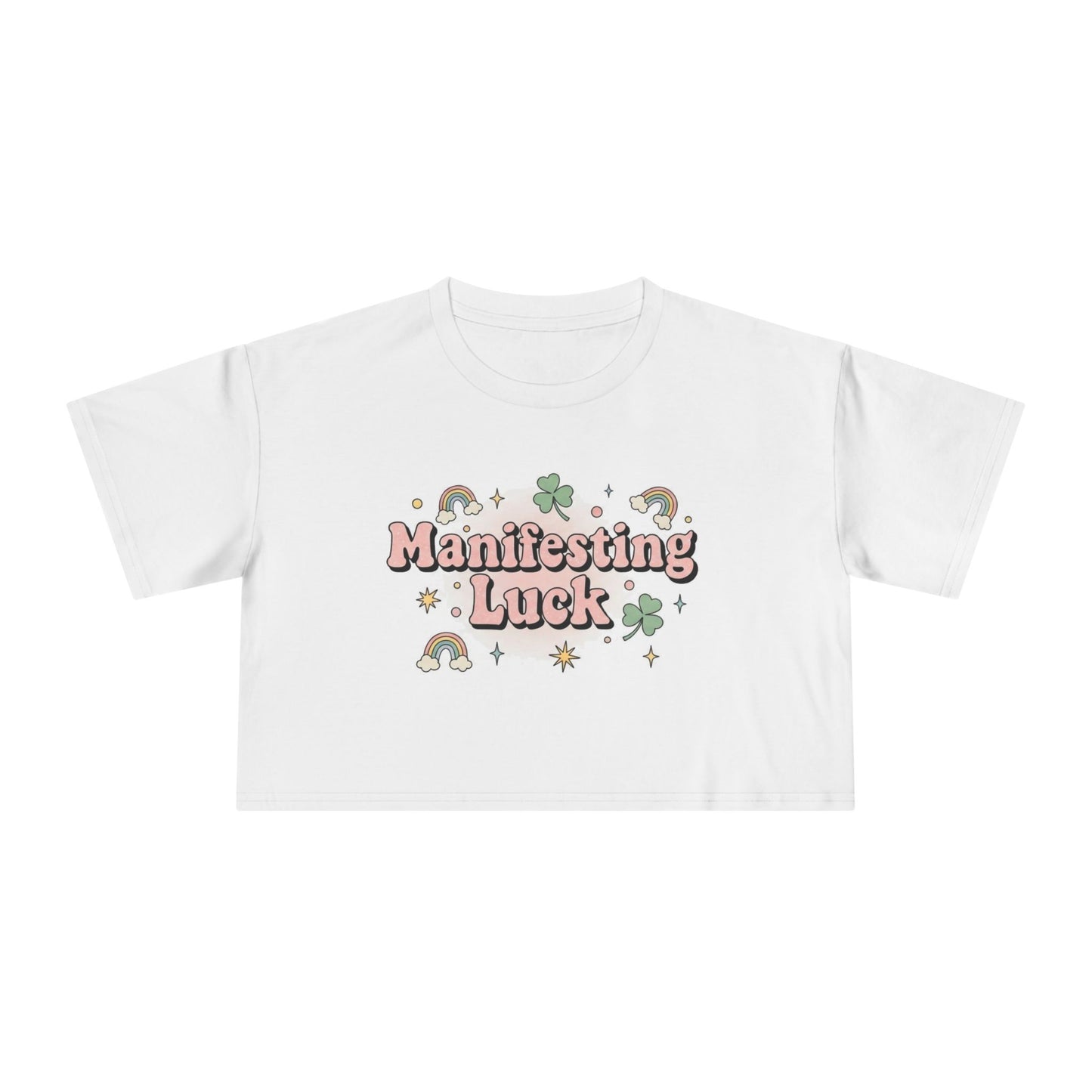 Manifesting Luck Crop Tee - Cute St. Patrick’s Day Clover & Rainbow Women's Top