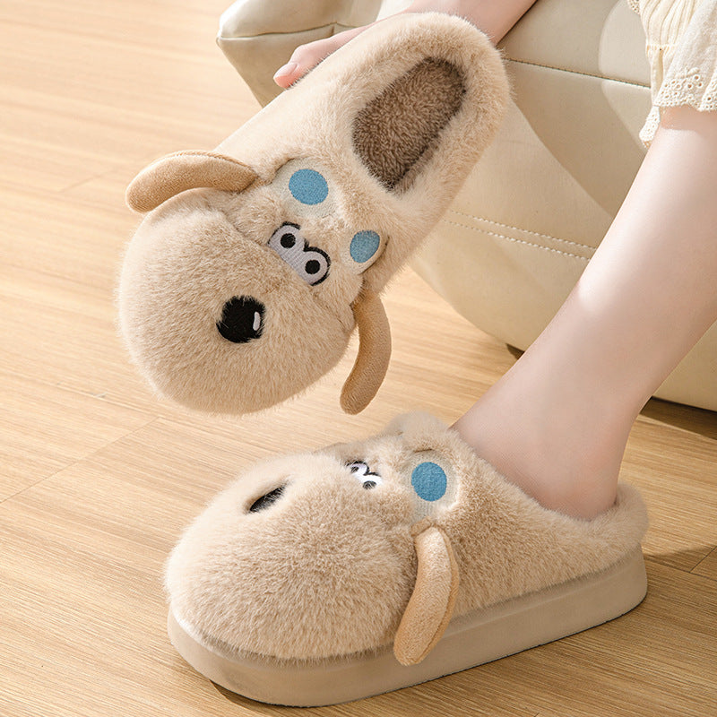 Cute Cartoon Dog Plush Slippers, Winter Couple Indoor Warm Non-slip Home Shoes